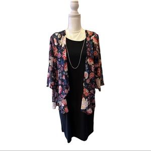 CROFT & BARROW BLACK DRESS BEAUTIFUL W/ATTACHED FLORAL CAPE SHAWL & NECKLACE SzM